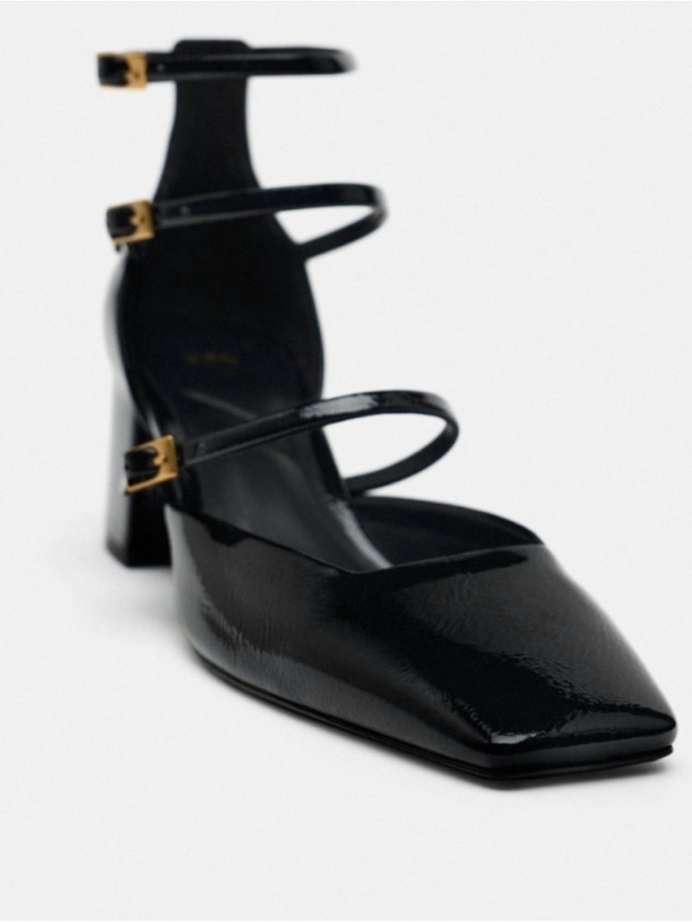 Zara Black Patent Triple-Strap Block Heel Pumps
